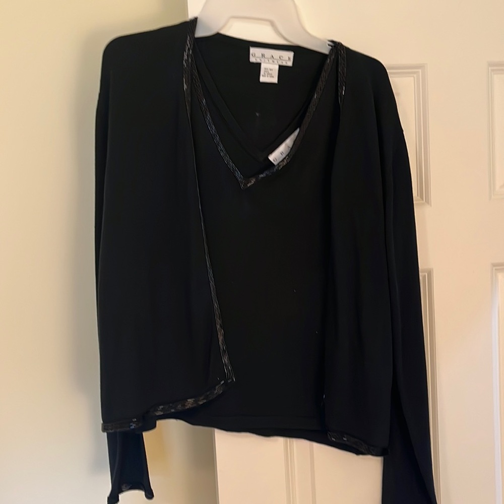 BLack knit 100% silk beaded twin set w v neck shell and beaded cardigan